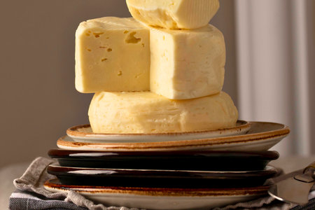 A close-up shot of several blocks of pale yellow cheese stacked on a pile of rustic plates, with soft lighting.の写真素材