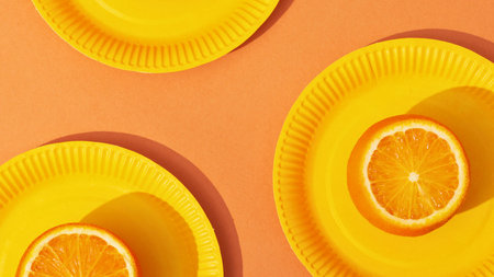 A vibrant overhead shot featuring three yellow paper plates with sliced oranges, casting shadows on an orange surface.の写真素材