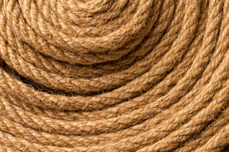 A detailed, abstract view of tightly wound natural fiber rope, showcasing its woven texture and earthy tones.の写真素材