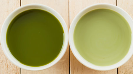 Two white bowls filled with different shades of green soup sit on a light wooden surface.の写真素材