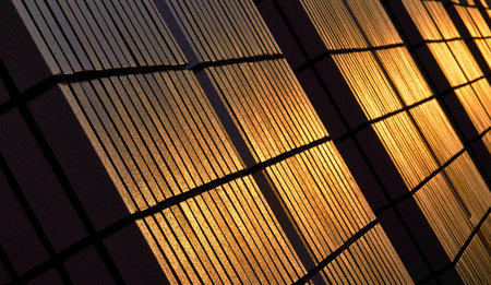 Golden hour light casts strong, linear shadows across a textured, grid-like surface, creating a...