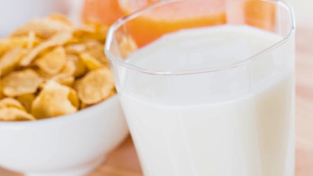 A close-up shot of a white bowl filled with crunchy cereal next to a tall glass of cold milk.の写真素材