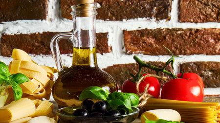 A still life composition featuring fresh pasta, olive oil, tomatoes, basil, and olives against a rustic brick wall background.の写真素材