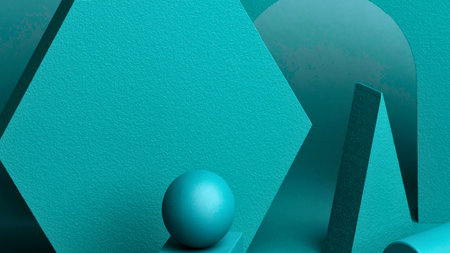 A minimalist composition featuring teal geometric forms and a single, smooth egg-shaped sculpture in the foreground.の写真素材