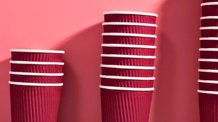 Three stacks of red paper cups with white rims are arranged in ascending height against a vibrant pink backdrop.の写真素材