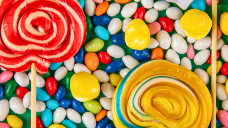 A vibrant, top-down view of two large swirl lollipops surrounded by a multitude of colorful jelly beans and small candies.の写真素材