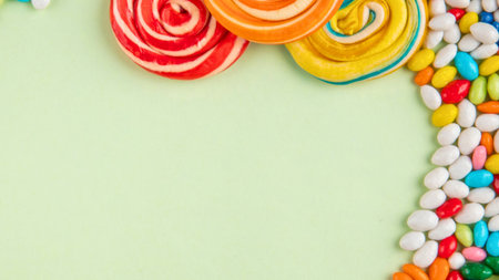 A vibrant collection of swirled lollipops and small candies arranged on a pale green surface, creating a sweet and cheerful composition.の写真素材