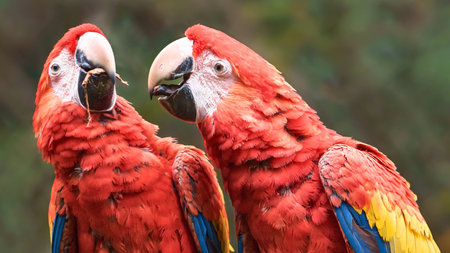 Two striking scarlet macaws with vivid red, yellow, and blue plumage are shown in a close-up portrait against a blurred green background.の写真素材
