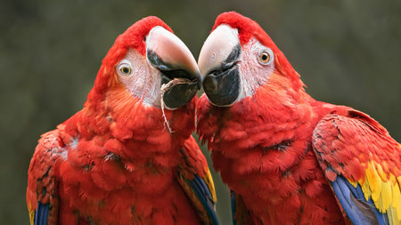 A vibrant close-up of two scarlet macaws with their beaks touching, showcasing their brilliant red, yellow, and blue plumage.の写真素材