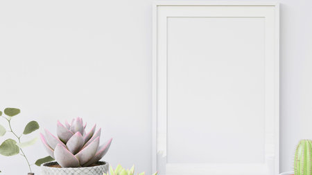 A clean and bright interior scene featuring a potted succulent plant and a tall, empty white frame...