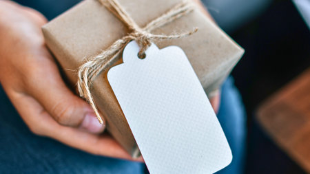 A close-up shot of hands gently holding a small, wrapped gift. The present is tied with twine and...