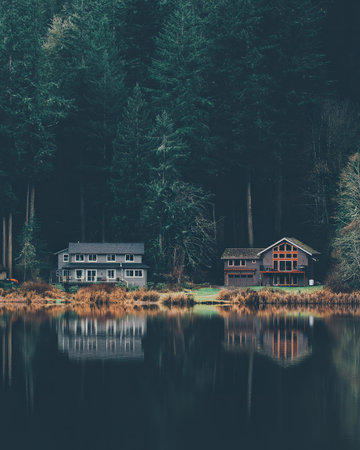A black vintage car parked beside water, showing reflection and classic details.