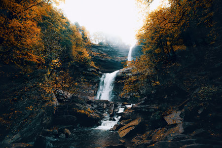 A scenic waterfall cascading down rocks in a colorful autumn forest setting.