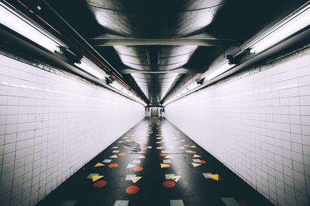 A long underground tunnel with bright lighting and colorful tiles on the floor, captured in black and white.