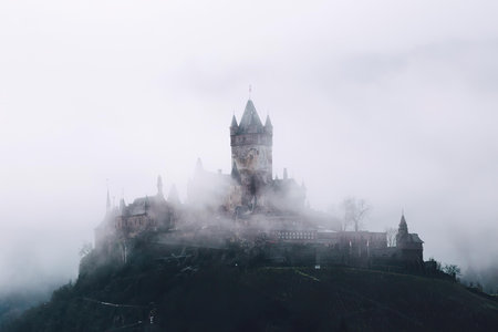 A mysterious castle surrounded by fog on a hill with towers and trees