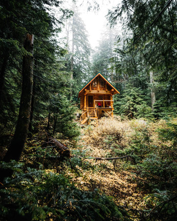 A small wooden cabin nestled in the forest, surrounded by tall trees and plants.