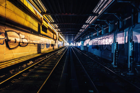 A train station scene with trains, tracks, and platform at night, illuminated by lights.
