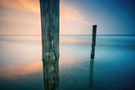 Serene scene with weathered wooden posts standing in smooth water at dusk or dawn