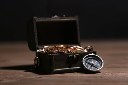 A wooden chest with coins inside and a compass outside on a wooden surface.