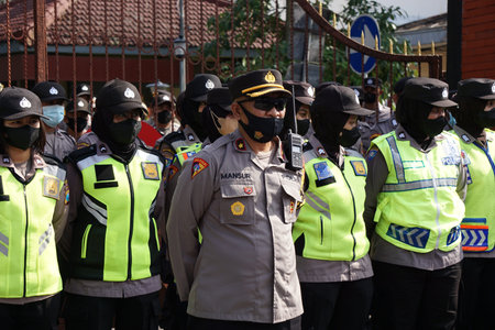 Kediri, East Java, Indonesia - April 12th, 2022 : Indonesian police ready to secure demonstrations