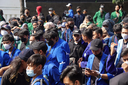 Kediri, East Java, Indonesia - April 18th, 2022 : Indonesian students demonstrate about rising...