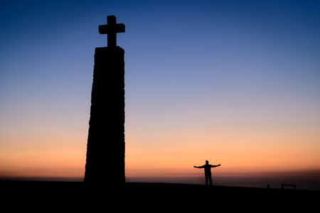 Sunset silhouettes at  Cabo da Roca in Portugal,the western  end of Europeの写真素材