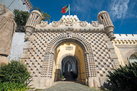 The main entrance to the Pena National Palace, Romanticist palace in Sao Pedro de Penaferrim.のeditorial素材
