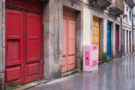Bright colorfull doors at the tourist street in Porto, Portugal.