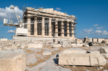 The ongoing reconstruction of the site can not belittle to great  Classic architecture of Parthenon Acropolis of Athensの写真素材
