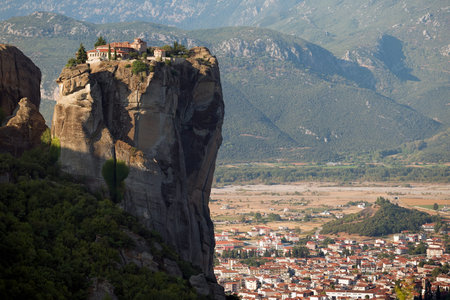 The Monastery of the Holy Trinity in Meteora, Greece is on top of the cliffs