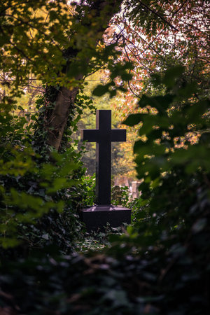 Cross-shaped tombstone  surrounded by bushes  at the Highgate Cemetery, London famous for Karl Marx graveの写真素材
