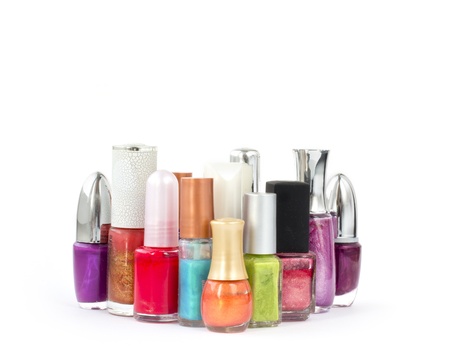 Several colorful bottles of nail polish on white backgroundの写真素材