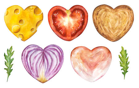 Watercolor set of sliced food hearts isolated on white background. Hand drawn illustration of heart shaped sandwich parts: cheese, tomato, onion, toast, rukkola, ham. Love theme for Valentines day.のイラスト素材