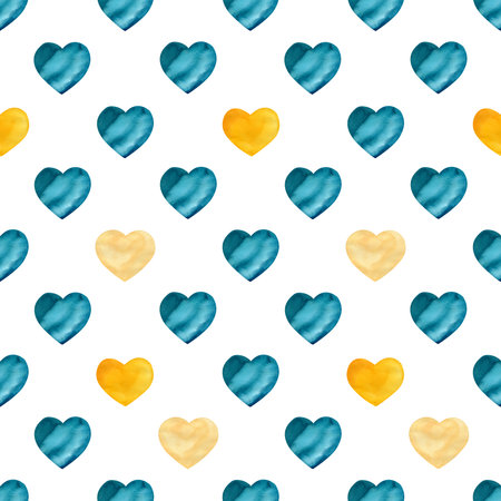 Seamless watercolor hearts pattern. Turquoise and yellow simple hand painted pattern for textile,...