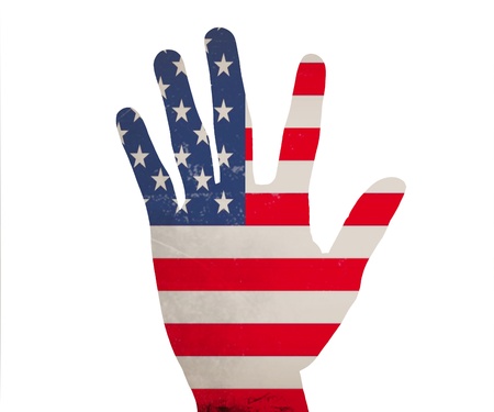 Hand in colored america national flag as symbol of excellence,の写真素材