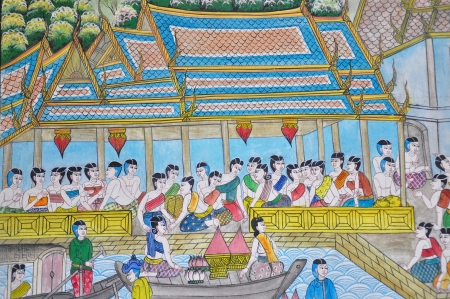 Thai art painting image on the wall in the templeの写真素材