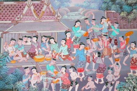 Traditional Thai painting art about buddist story on temple wall in Wat の写真素材