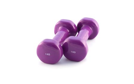 Violet dumbbells on white backgroundの写真素材