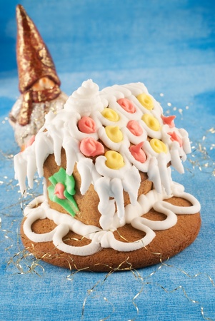 traditional christmas gingerbread house with gnomeの写真素材