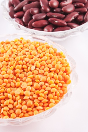 red lentils and beans in glass bowlの写真素材
