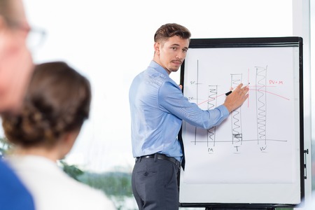 Young businessman standing at flipchart and pointing to graph and bar chart while turning back,...