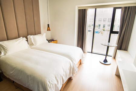 Cozy hotel room with modern interiorの写真素材