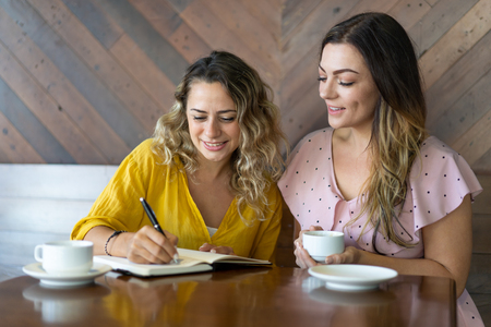 Female coworkers in casual clothes discussing ideas. Smiling female university students working on project together in cafe. Fellow students conceptの写真素材