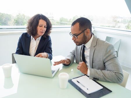 Female mentor teaching male intern how to use corporate software. Business colleagues sitting at meeting table with open laptop, looking at screen and talking. Internship conceptの写真素材