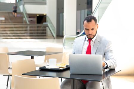 Focused hardworking businessman working on project in cafe. Business man sitting at table with food and using laptop. Business lunch conceptの写真素材
