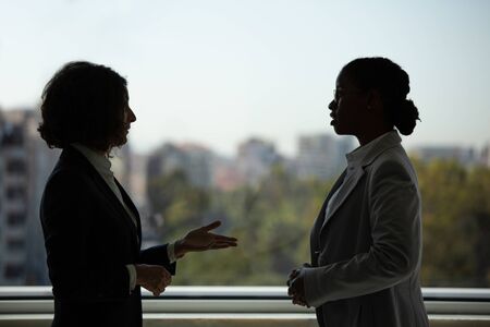 Female business colleagues chatting in office corridor. Business women standing near office window and talking. Corporate communication conceptの写真素材