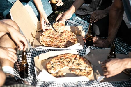 Cropped shot of friends having picnic in summer park. Young people sitting on meadow with pizza and beer. Concept of picnicの写真素材