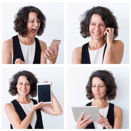 Female device user portrait set with different facial expressions. Happy, excited, serious woman...