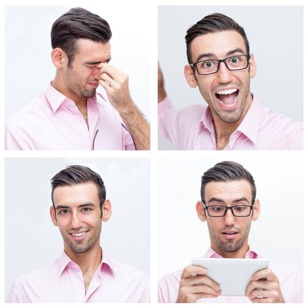 Handsome man in pink shirt portrait set with different facial expressions. Happy, excited,...