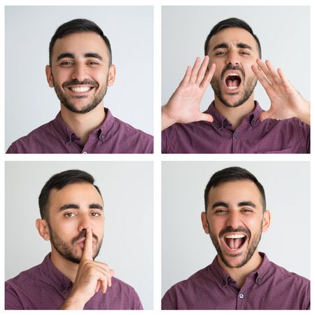 Handsome customer portrait set with different gestures and facial expressions. Happy, shouting,...